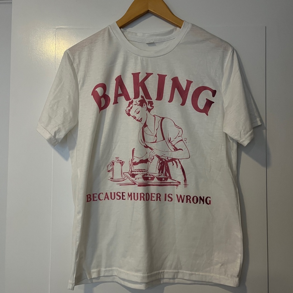White Graphic Tee with Red 'Baking' Slogan